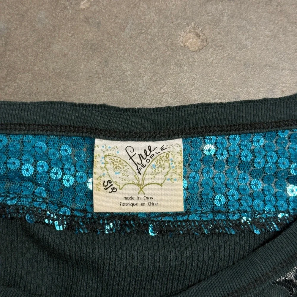 Free People Forest Green‎ Sequin Lace Thermal Henley Top Small Turquoise Accent